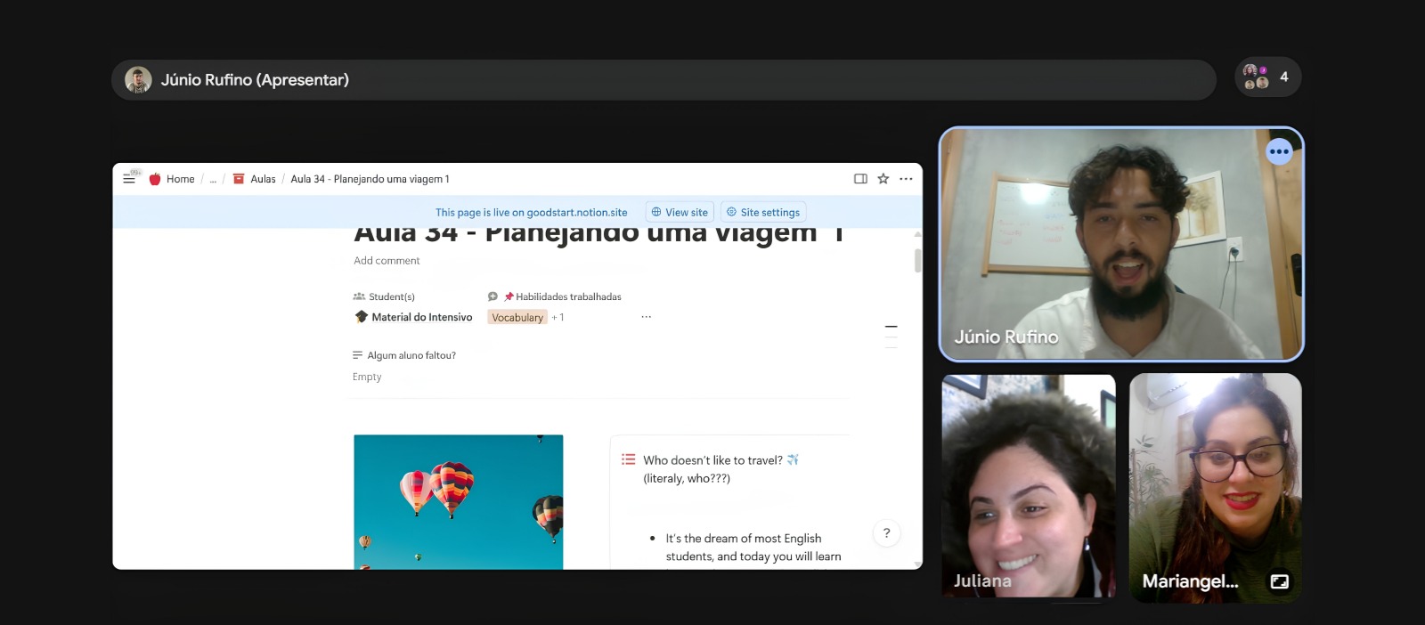Exemplo de aula ao vivo no Zoom